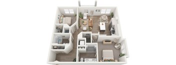 a 3d rendering of a floor plan with a bedroom and living room